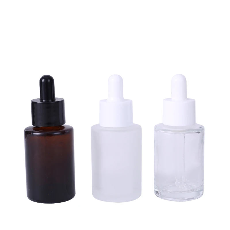 240pcs Amber clear frosted 1 oz 1oz 30 ml 30ml flat shoulder cylinder glass dropper bottle for serum essential oil frosted glass