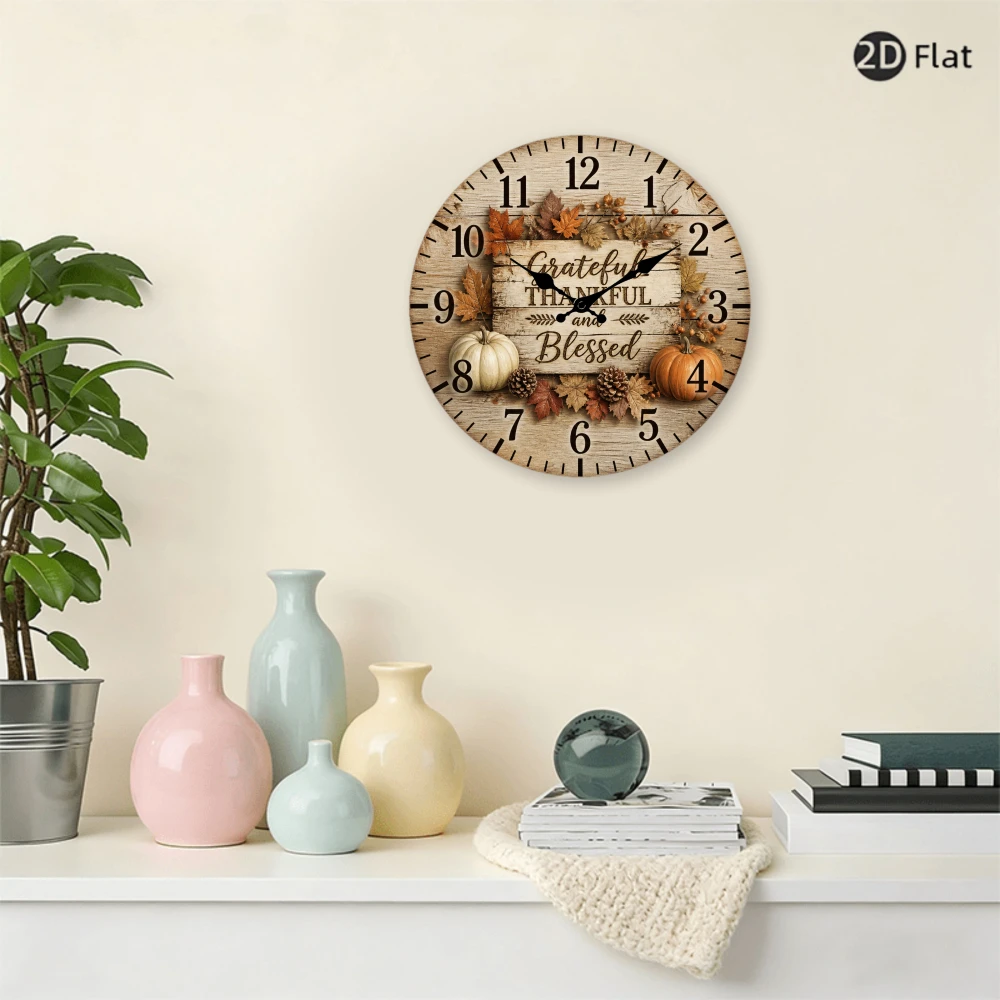 Autumn Pumpkin Harvest 2D Flat Wall Clock 10 Inch Silent Non-Ticking Rustic Grateful Blessed Quote Room Decor