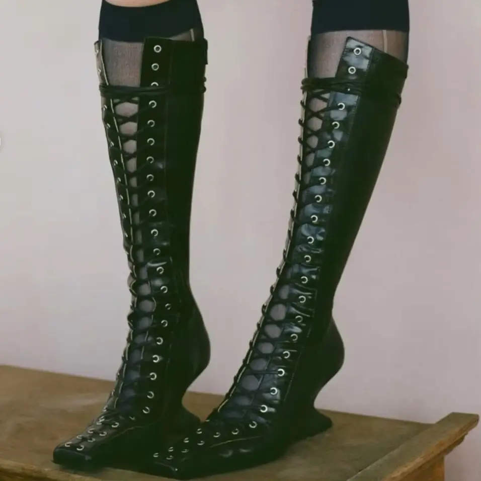 New Autumn/Winter Women MixColor Knee High Boots Square Toe Strang Heel Openwork Cross Straps Fashion Sexy Street Long Boots