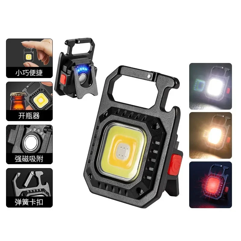 Lanterna recarregável multifunções COB, luzes de trabalho, 3 engrenagens, lanterna com isqueiro, chave de fenda, lâmpada LED Keychain para Camping