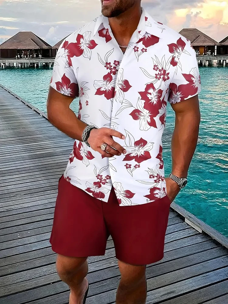 Hawaii 2-piece Set Baroque Style Pattern Outfit Set 3D Print Men Short Sleeve Lapel Shirt +Shorts Set Summer Vacation Suit