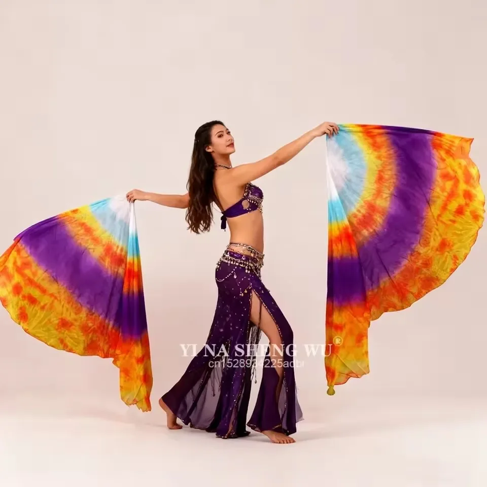 

100% Real Silk 1 Pair Belly Dance Accessories Throw Silk Semicircle Veil Shawl Women Dyed Practice Performance Props Church Flag