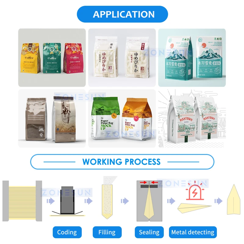 ZONESUN Automatic Powder Auger Filling Sealing Machine Tea Spice Chili Milk Coffee Pouch Bag Packaging Metal Detector ZS-PFSL1