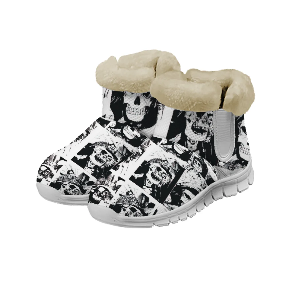 أحذية فرو مطبوعة على شكل جمجمة، جزء علوي شبكي دافئ سميك، حذاء كاحل داخلي خفيف الوزن للرجال والنساء.