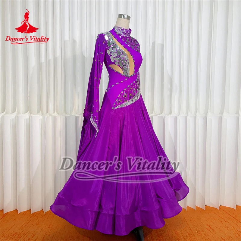 표준 볼룸 왈츠 퍼플 하이넥 진주 실크 의류 AB 스톤 고급 맞춤형 소셜 댄스 긴 소매 드레스