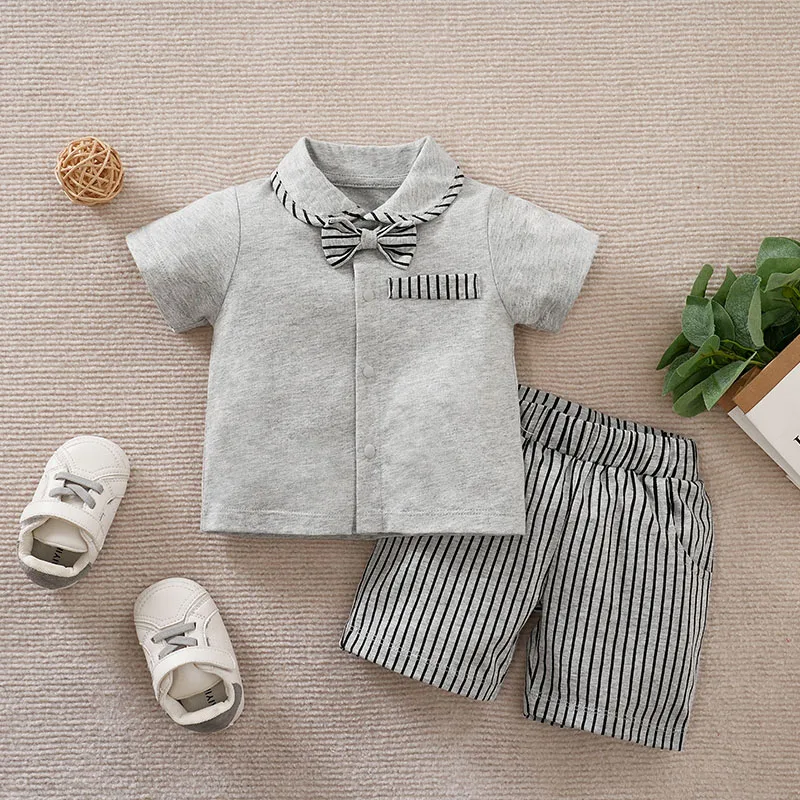 Newborn Baby Boys Set Casual Fashion Vertical Gentleman Bow Comfortable Cotton Grey Short Sleeve Set Summer Baby Two Piece Set