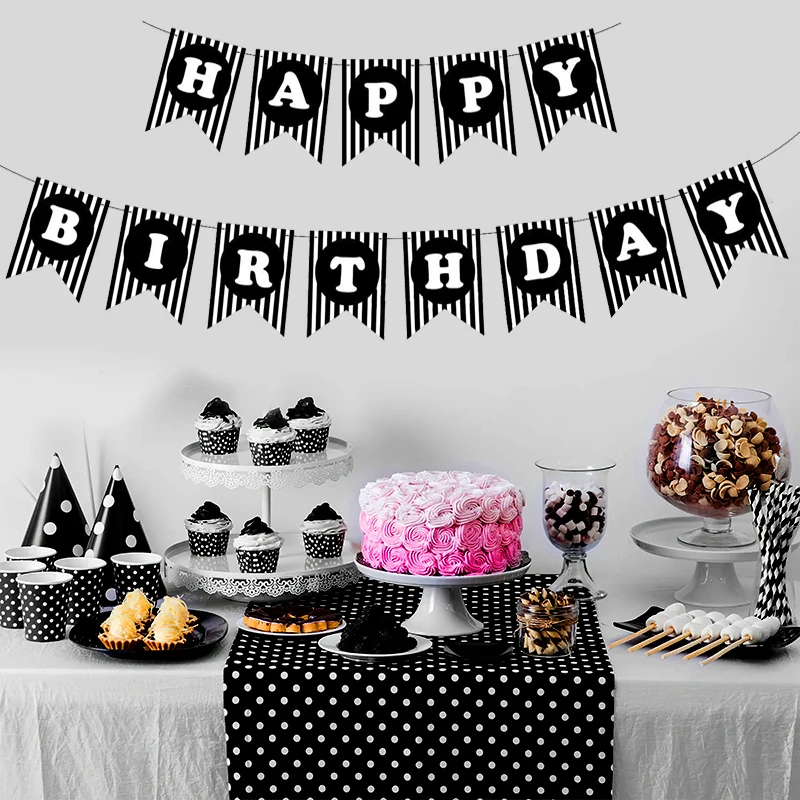 In bianco e nero a righe buon compleanno banner tema torta tavolo decorazione festa tirare bandiera ragazzo ragazza decorazione del partito forniture