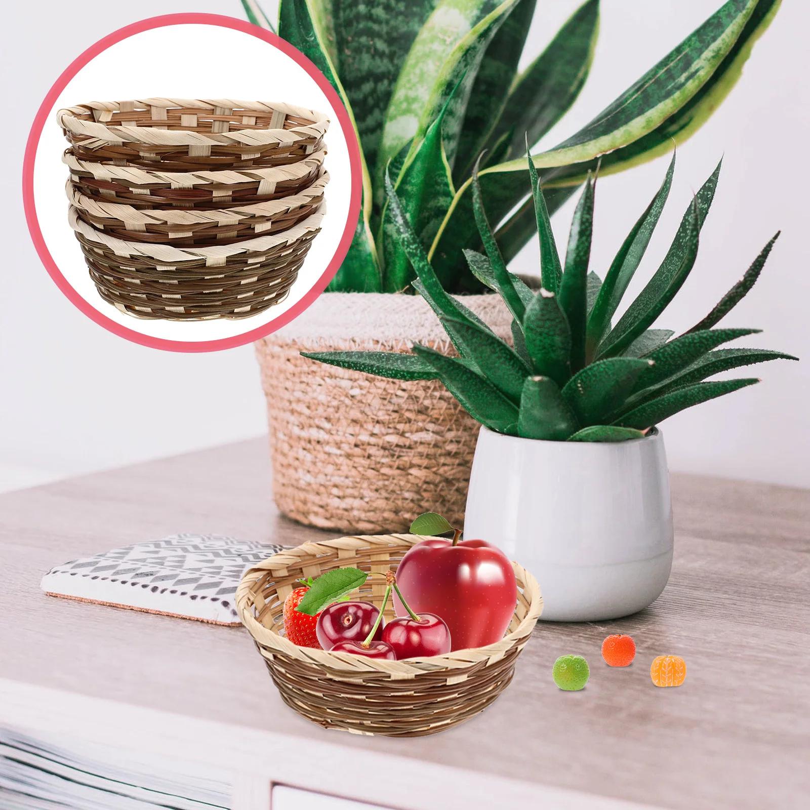 

4pcs Bamboo Fruit Basket Woven Storage Snack Household Food Container Multi-Function Sundries Organizer Fiber