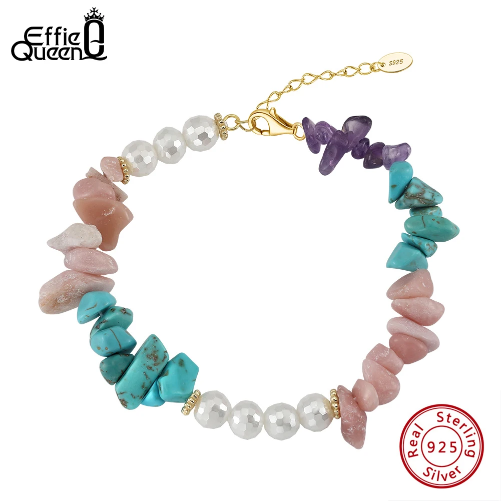 EFFIE QUEEN 925 Sterling Silver Turquoise Chain Bracelet With Shell Pearl & Opal Ornament Natural Stone Series Multi-Color GMB60