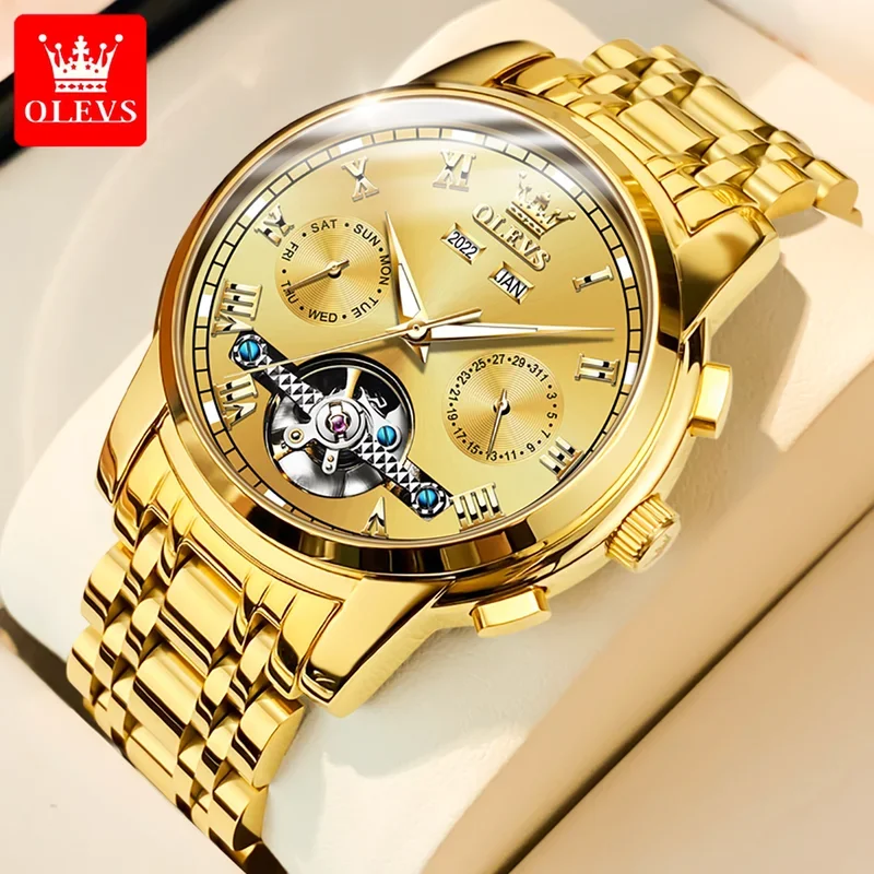 Olevs 6607 luxury gold mechanical watch men fashion stainless steel strap waterproof calendar business men\'s watc