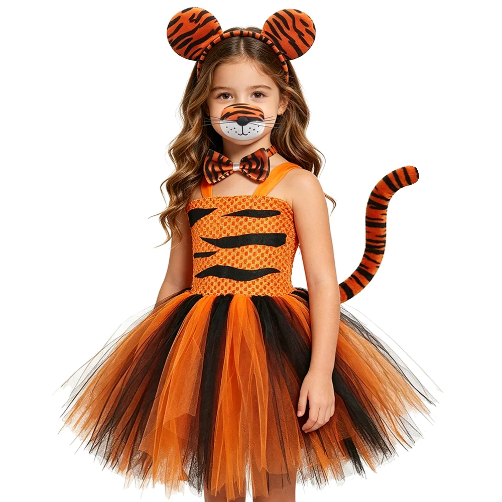 

Baby Girls Tiger Costumes Black Orange Jungle Animal Fancy Tutu Dress with Ears Tail Set for Halloween Carnival Party Outfit