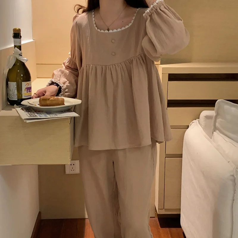 Korean Cotton Line Home Suit Women Solid Vintage Sleepwear Soft Pajamas Set Sweet Loose Buttons Lazy  Long Pants Tow Piece Set