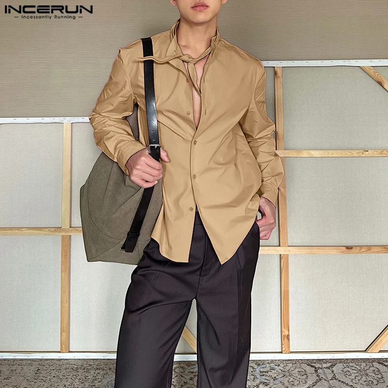 

INCERUN Мужская рубашка сплошной цвет с лацканами и длинным рукавом на шнуровке повседневная мужская одежда уличная одежда свободные 2025 модные мужские рубашки S-5XL