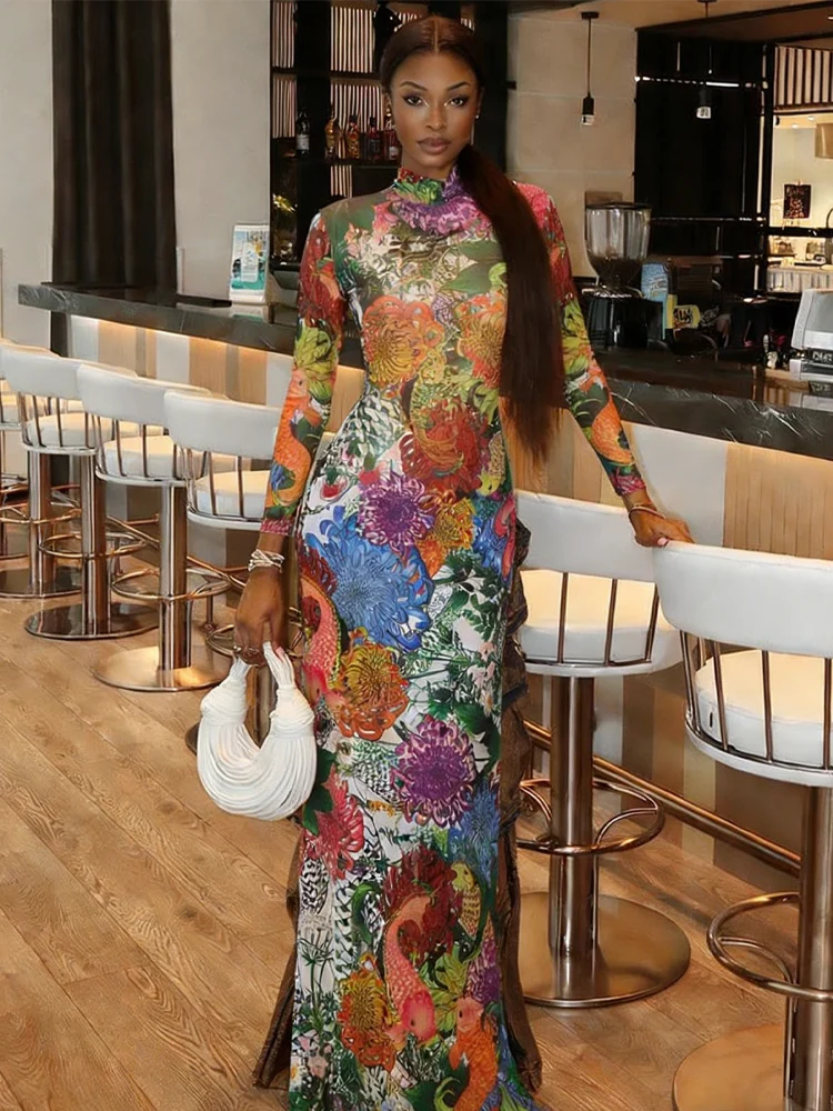 

Weird Puss Stylish Colorful t-Shirt Women X-Long Full Sleeve Half High Collar Floral Print Spring New Trend Vacation Slim Tees