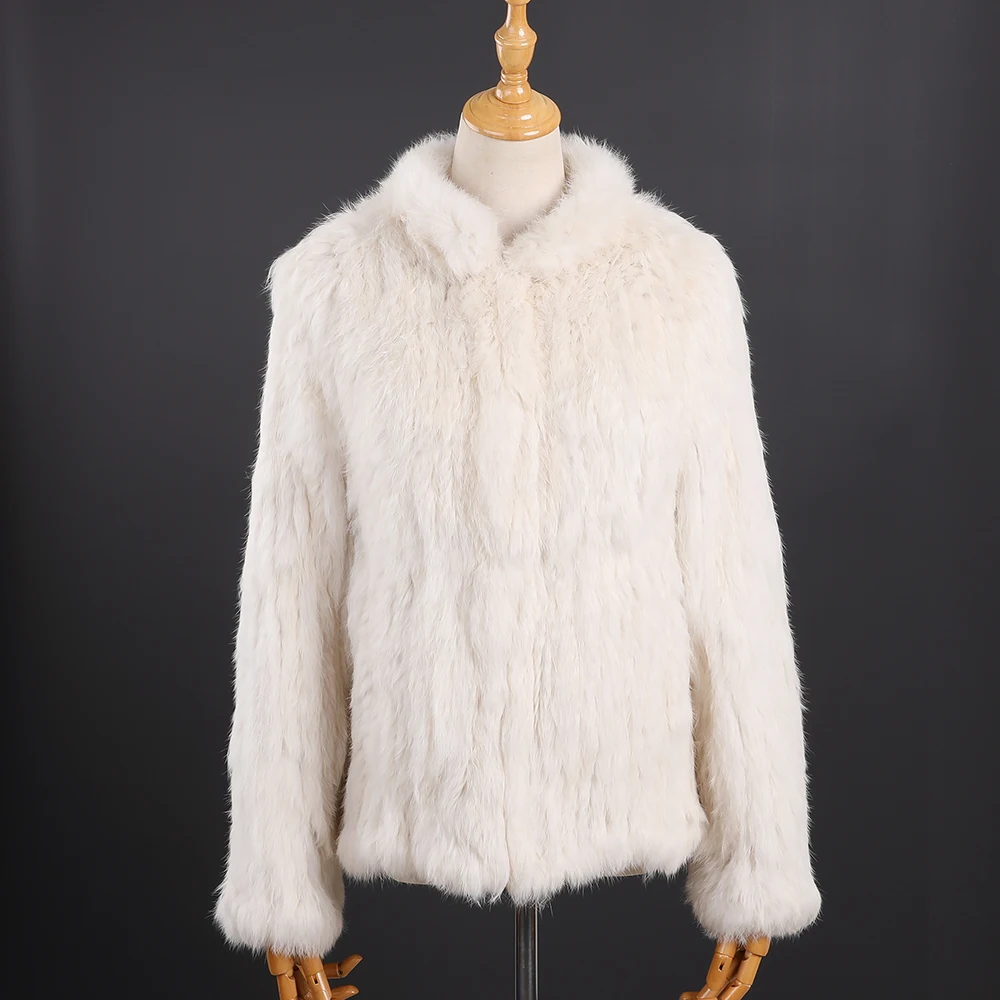 Chaqueta de punto de piel de conejo auténtica para mujer, abrigo de cuello alto de manga larga, prendas de vestir clásicas de piel Real con bolsillos, invierno de lujo