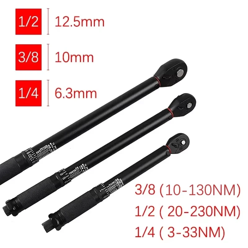 3-230Nm Torque Wrench Round Tube High Precision Adjustable 1/2'' 3/8'' 1/4'' Torque Wrench Car Bike Automotive Hand Tools