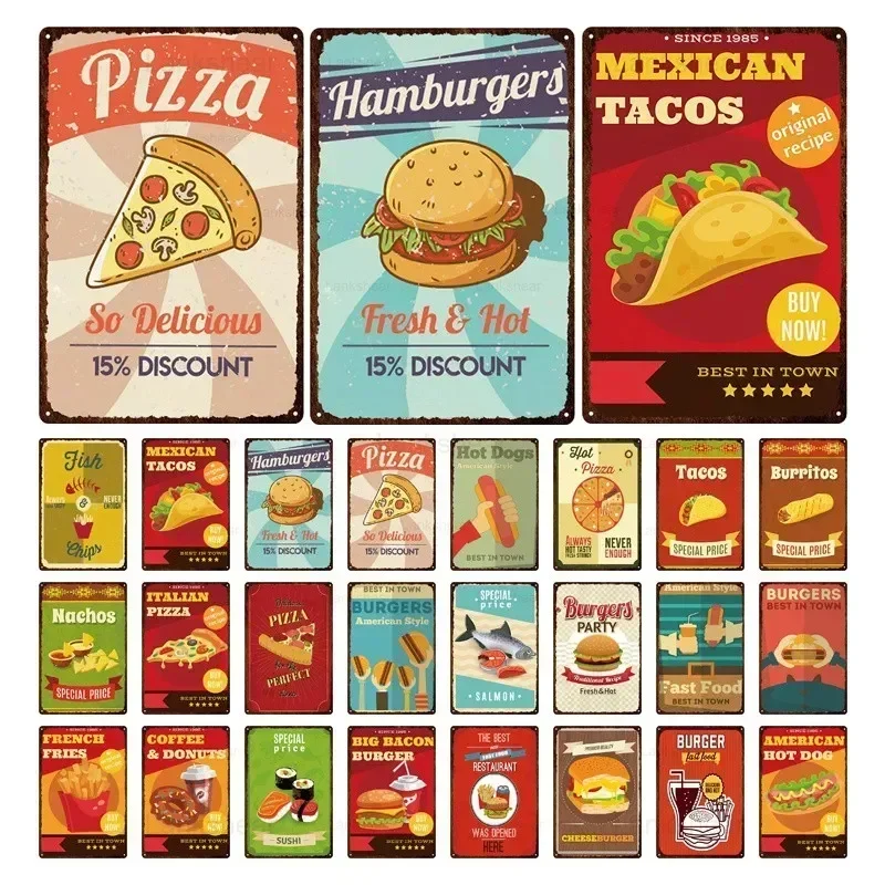 

Fast food metal sign pizza burger Mexican corn tortilla sushi home bar kitchen decoration wall art decoration