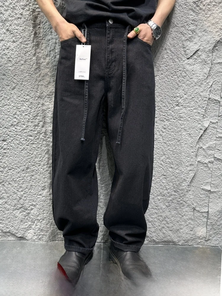 Heavyweight Black Denim Retro Washed Cotton Breathable Loose Fashionable Versatile Men's Jeans Trendy Straight Leg Wide Leg P...