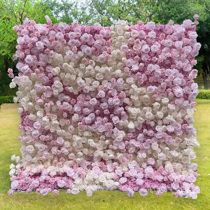 

Fantasy Purple White Pink Champagne rose 3D roll cloth artificial flower wall wedding stage background decoration marriage party