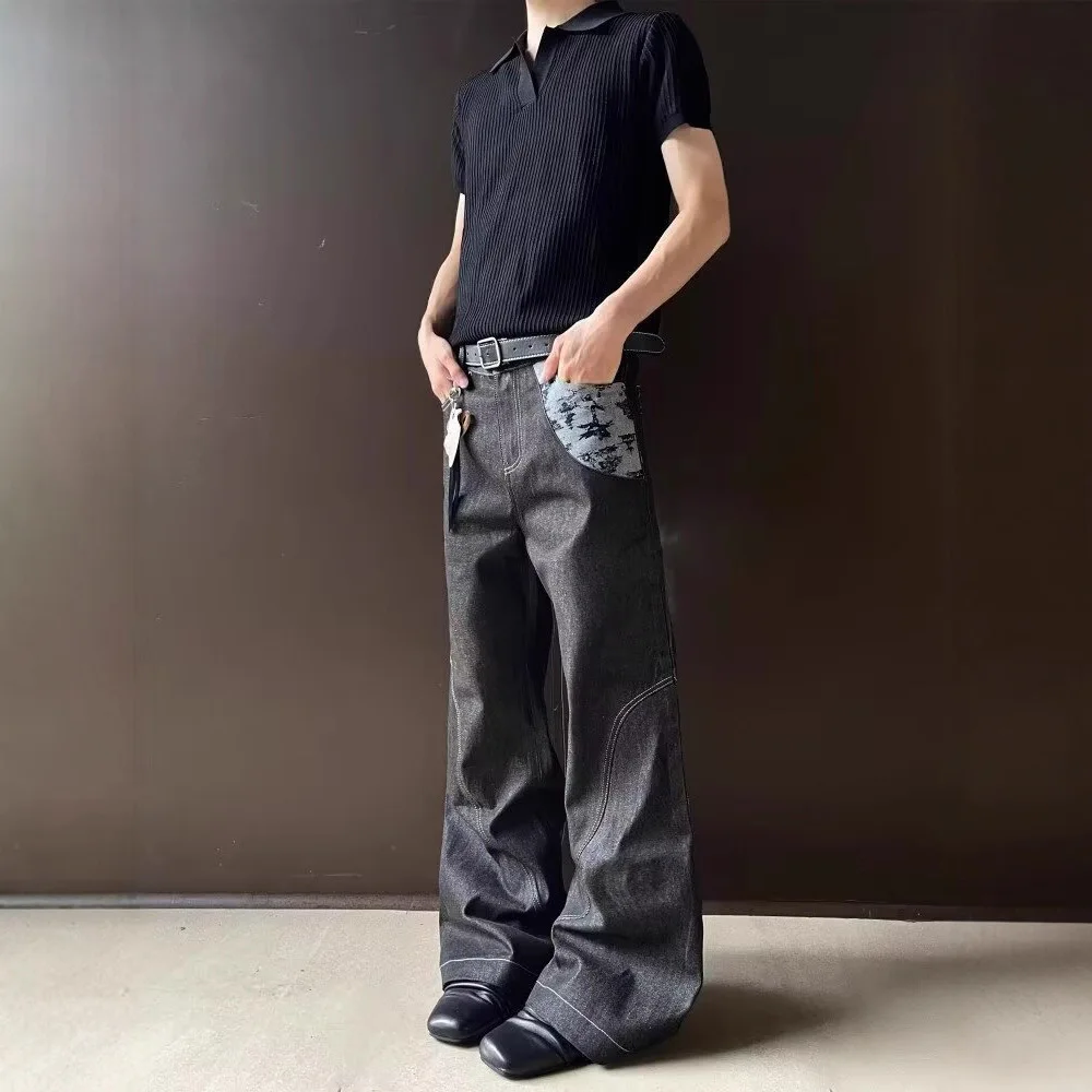 2026 Autumn Primary Color Jeans Men's American Retro Splicing Jacquard Deconstruction Loose Wide-leg Trousers