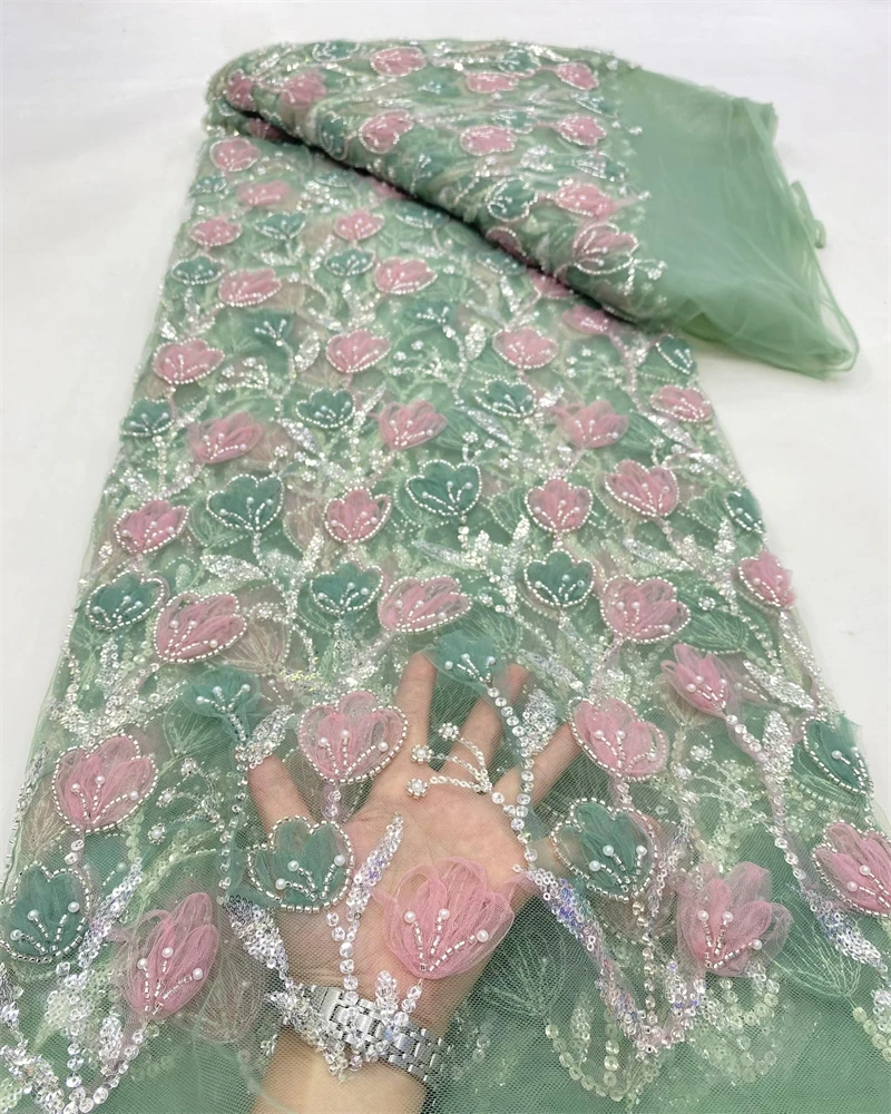 African Beaded Net Mesh Lace Fabric High Quality Embroidery with Sequins French Tulle for Nigerian Wedding Party Dresses