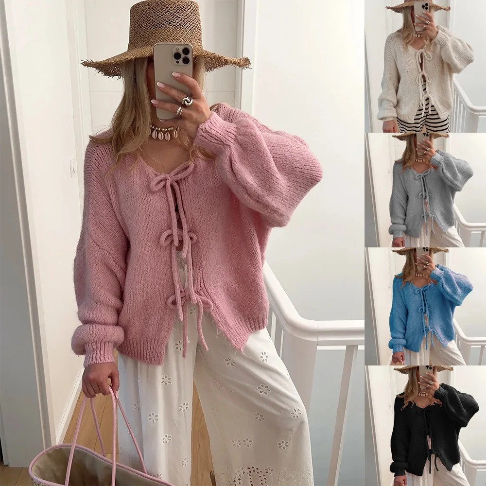 

Зимний элегантный розовый свитер-кардиган женский с круглым вырезом, длинными рукавами, дизайном на завязках, из высокоэластичного мягкого материала