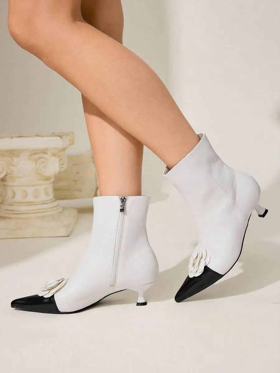 CUCCOO CHICEST Women's Autumn/Winter New Camellia Flower Colorblock Pointed Toe Kitten Heel Elegant Sweet Commute Romantic