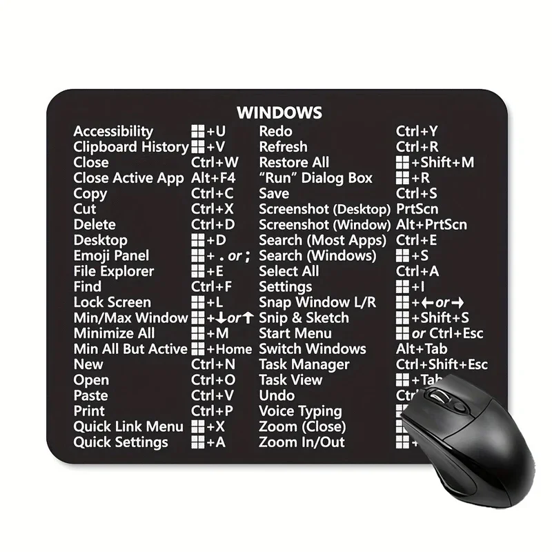 Black Windows 11 10 Word Excel Keyboard Shortcuts Mouse Pad Thickened Small 240X200X2mm Thick Computer Anti-skid Rubber MousePad