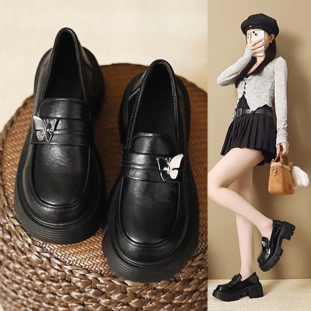 كتلة كعب أحذية واحدة الخريف جديد جولة تو الفم العميق المعادن فراشة منصة عدم الانزلاق المتسكعون