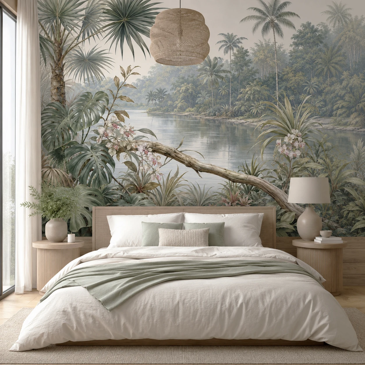 Vintage Tropical Jungle Lake Wall Mural Wallpaper Palm Tree Botanical Landscape for Living Room Bedroom Decor Paste Required
