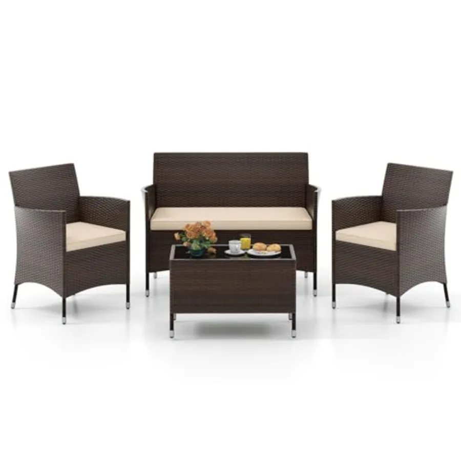 

Tangkula 4-PCS Patio Rattan Conversation Set Outdoor Wicker Furniture Set with Tempered Glass Coffee Table andThick Cushion Rat