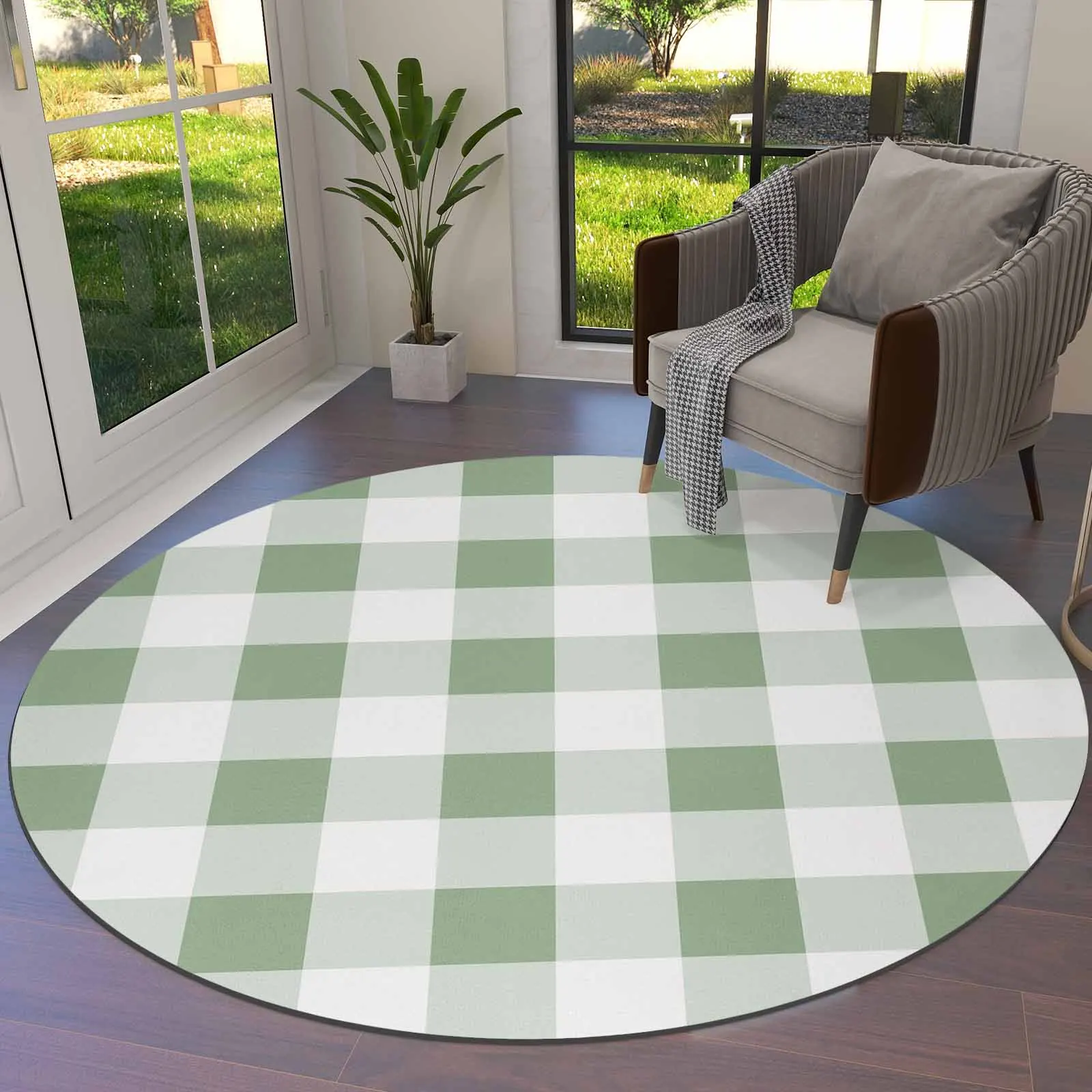 Sage Green Checkered Pattern In Spring Round Area Rug Carpets For Living Room Large Mat Home Bedroom Kid Room Decoration