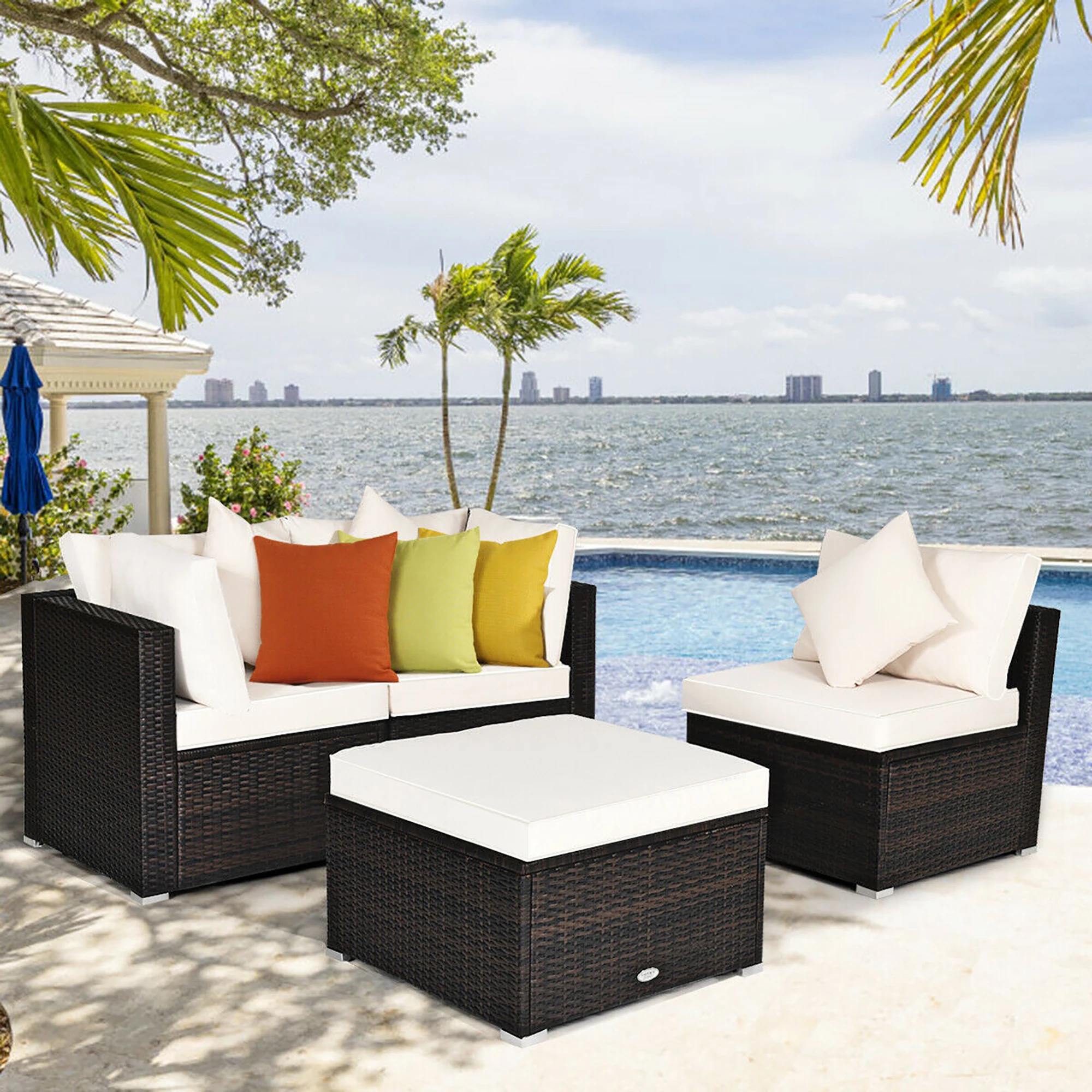 4PCS Patio Rattan Wicker Sofa Furniture Set Cushioned Conversation Ottoman Set