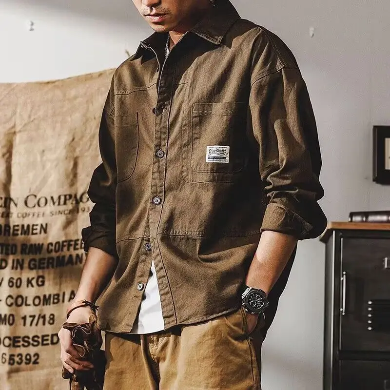 Functional Multi Pocket Washed and Worn Men's Workwear Shirt, Stylish Hong Kong Style, Spring and Autumn Loose and Trendy Shirt