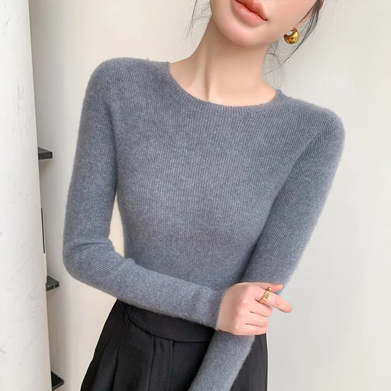 100% pure sweater women's round neck slim first-line ready-to-wear seamless tight-fitting slim sweater Joker bottoming sweater