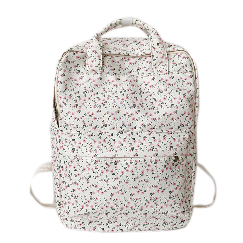 Women Simple Floral Backpack Large Capacity Canvas Travel Laptop Rucksack Adjustable Strap Students Daily Bag