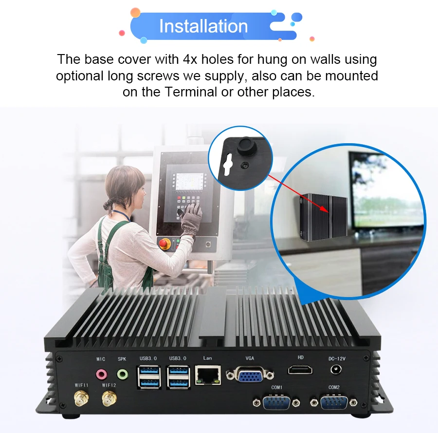 Mini computer industriale senza ventola Core i7-8550U i3 7100U 8145U Doppio terminale Rs232 COM Sistemi POS Mini Box PC incorporato HD VGA