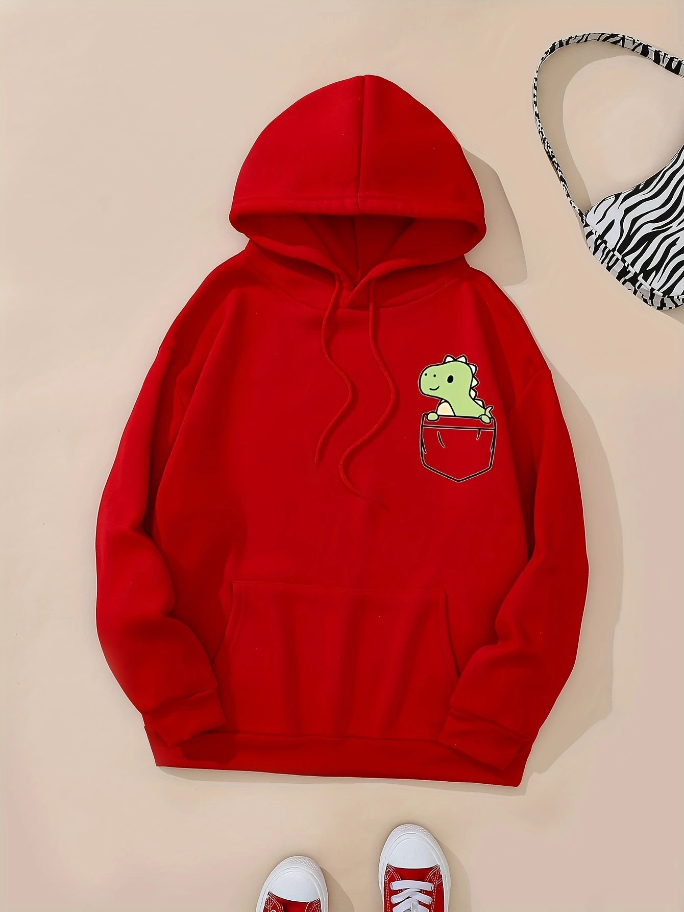 2025 Otoño e Invierno lindo pequeño dinosaurio patrón impreso sudaderas con capucha cuello redondo manga larga Casual ropa de mujer