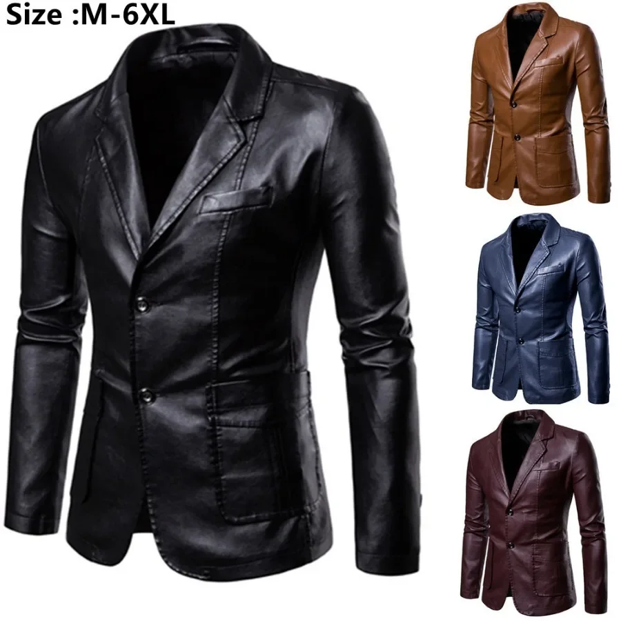 

2024 Men's Leather Suits Jackets Blazers Slim Fashion Male PU Leather Overcoats Blazers Jackets Coats Oversized Leather Jacket