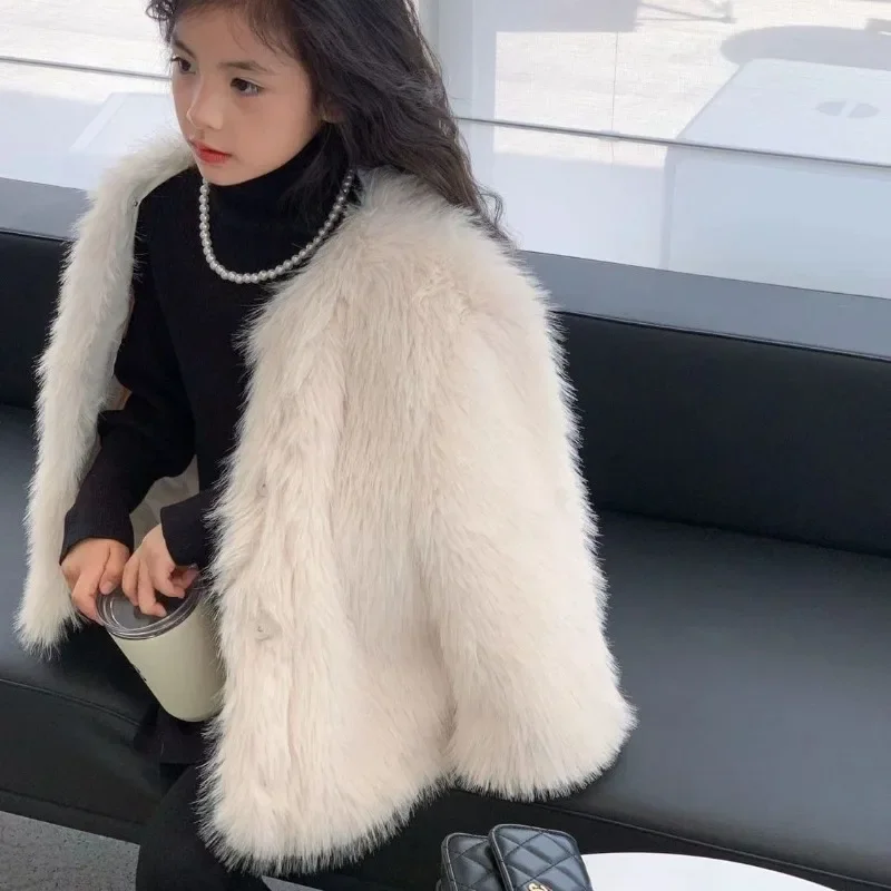 Girls Autumn Winter Faux Fox Fur Coat Korean Style Stylish Princess Chic Streetwear Thermal Baby Jacket