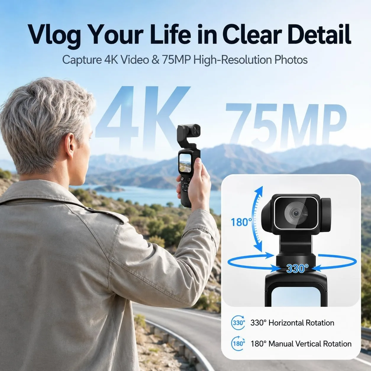 4K Vlogging Camera for YouTube 75MP Pocket Camera with 330° Rotating Lens PDAF AutofocusFace Tracking Camera for Daily Recording
