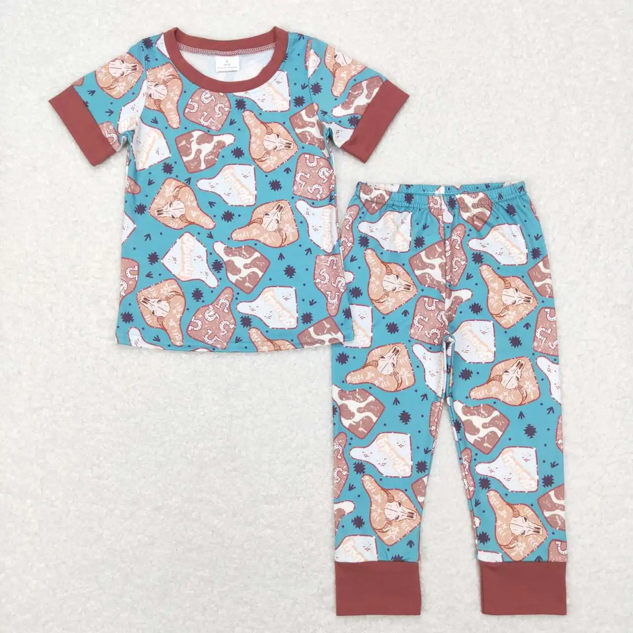 wholesale kids hot sale kids baby boys clothes children's clothing Alpine cow print brown border short-sleeved pantsuit