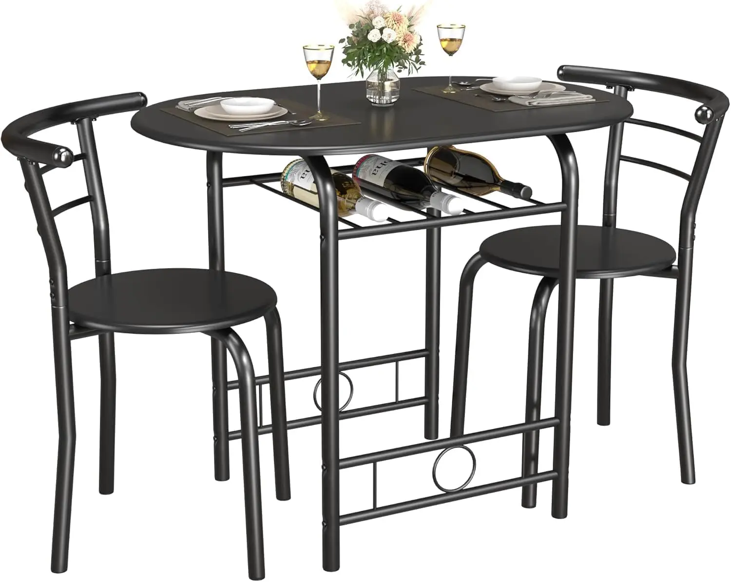 

3-Piece Wooden Round Table & Chair Set with Built-in Wine Rack, Space-Saving Kitchen Dining Furniture in Black
