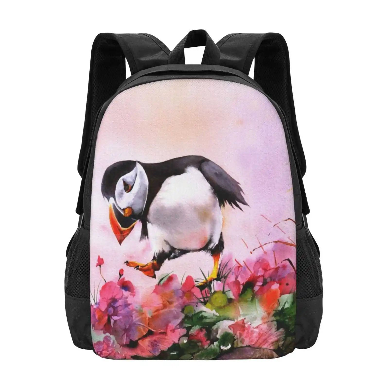 

In The Pink Hot Sale Schoolbag Backpack Fashion Bags Bird Puffin Flowers Pink Wildlife Watercolour Dancing Peter Williams