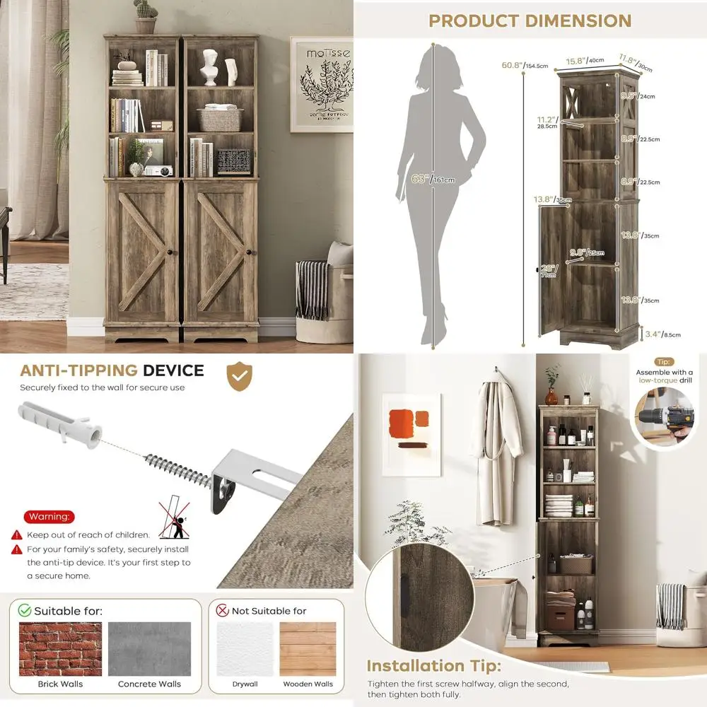 

60.9 Высокий серый деревянный угловой шкаф для хранения с дверцами и регулируемыми полками для кухни и прихожей