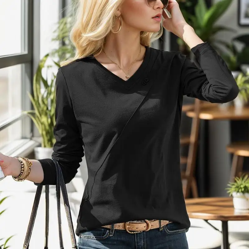 2023 Autumn New 100% Cotton T Shirt Woman Long Sleeve Shirt European Style  Woman T-shirt Loose Women Shirts