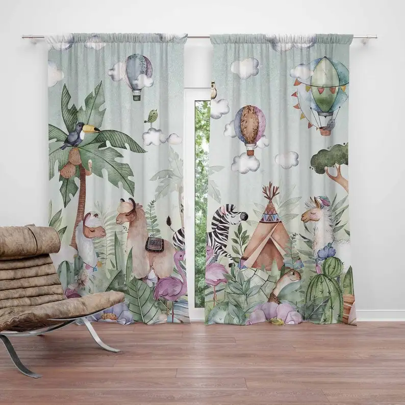 Safari Animals Party Nursery Curtain Kids Bedroom Curtains Black Out Nursery Decor Baby Room Bedroom Living Room Curtains