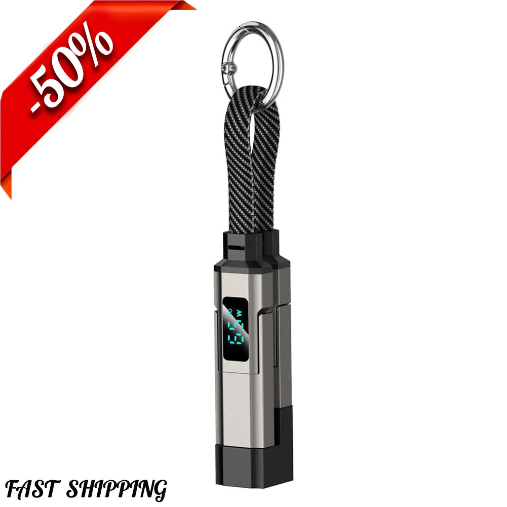 Portable Keychain Charger Short Cable with LED Display 4-in-1 Multi USB C Fast Charging Combo Lightning/Type C/USB A/USBC Ports