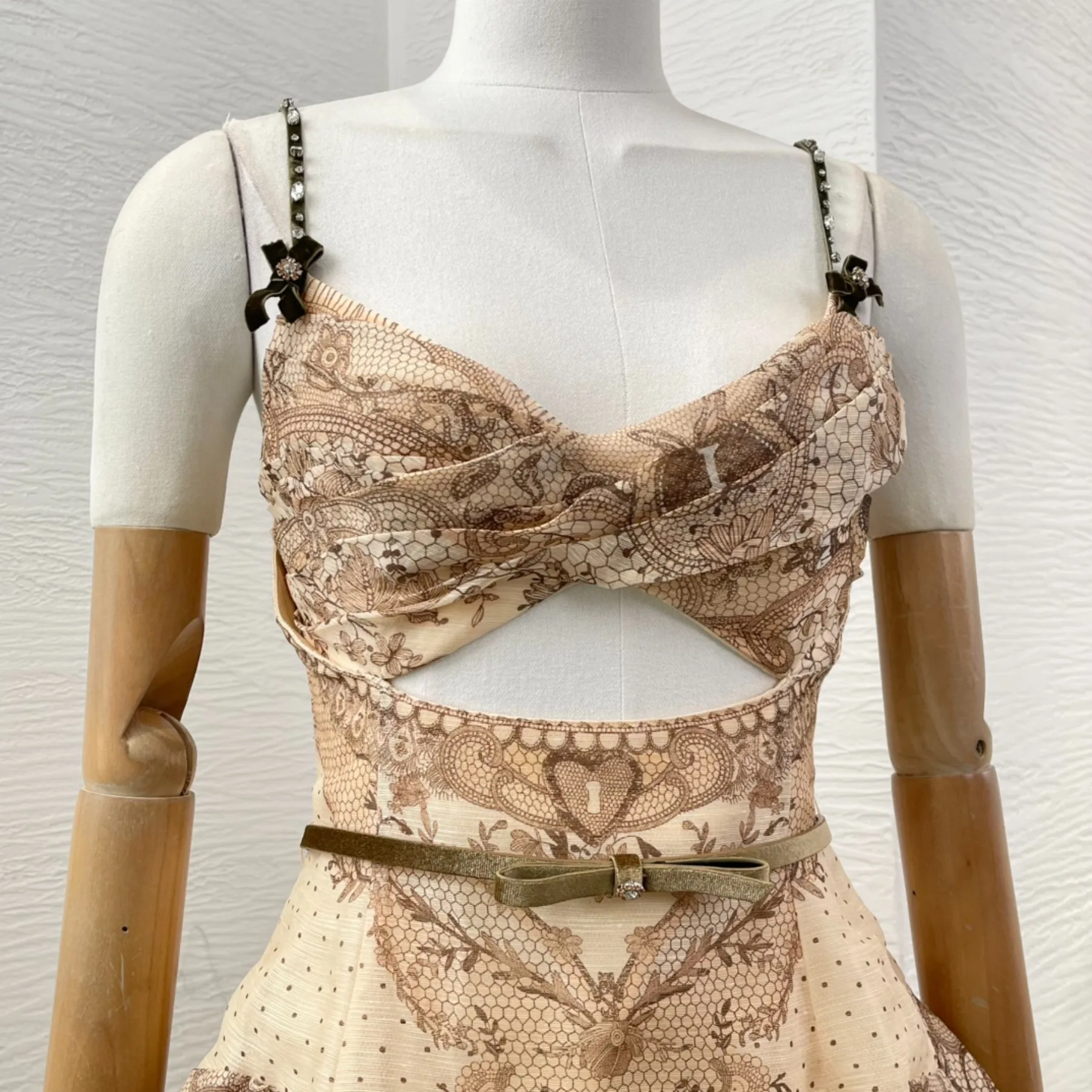 Brown Floral Print Sleeveless Pleat Ruched Cut Out Backless Midi Dress