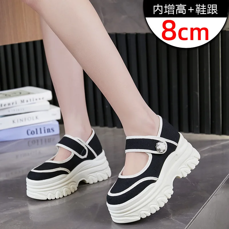 

Inner Height Increase French Mary Jane Women's Shoes Light Mouth Sponge Cake Heel Small Platform Canvas Shoes Women Sneakers